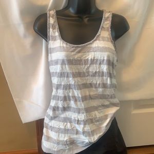Gray white wide striped tank with wrinkle type material with edge detail